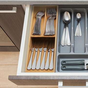 guiogc Bamboo Silverware Drawer Organizer, Kitchen Cutlery Tray,Utensil Holder for Spoons, Forks, Knives in Kitchen
