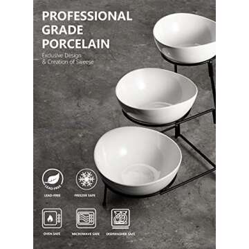Sweese 736.101 3 Tier Oval Bowl Set with Sturdier Metal Rack, Tiered Serving Stand, Chip and Dip Serving Set -Serving Bowls for Parties