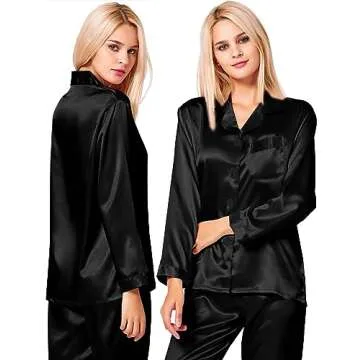 SWOMOG Long Sleeve Pajamas Set - Luxurious Silk Satin Sleepwear with Pocket