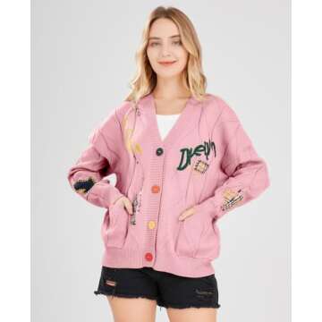 Women's Cable Knit Long Sleeve Open Front Cardigan Sheep V-Neck Button Down Embroidery Wool Blend Sweater Coat Outwear (L,Pink)