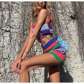 Women Sleeveless Bodycon 2Pcs Knitted Shorts Set Strap Crop Top Cami High Waist Shorts Summer Tracksuits Streetwear (E-Colorful, L)