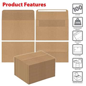 Better Office Products A7 Kraft Invitation Envelopes, Use with 5 x 7 inch Cards, Strong Bond Paper, Straight Flap with Peel and Stick Closure, 100 Pack (5.25 x 7.25 inch)