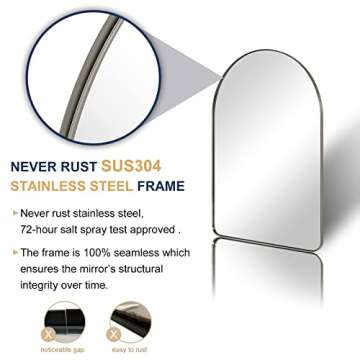 ANDY STAR Arched Wall Mirror, 22" x 35" Brushed Nickel Bathroom Mirror, Silver Arched Mirrors in Stainless Steel Metal Frame, Arched Top Rounded Corner 2" Deep Set Design Wall Mount Hangs Vertical