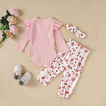 Kislio Newborn Baby Girls Clothes Ribbed Ruffled Romper+Floral Pants+Headband Infant Outfit Set