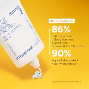 innisfree Daily UV Defense Mineral Sunscreen Broad Spectrum SPF 45 with Hyaluronic Acid, Korean Sunscreen for Face with Color Correcting Green Tint