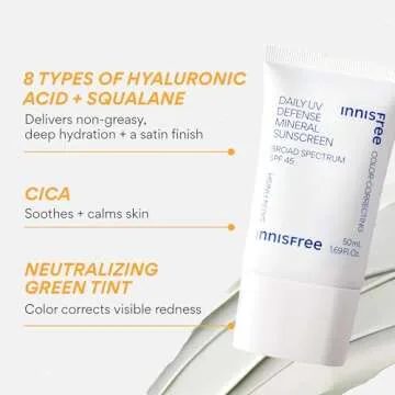 innisfree Daily UV Defense Mineral Sunscreen Broad Spectrum SPF 45 with Hyaluronic Acid, Korean Sunscreen for Face with Color Correcting Green Tint