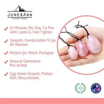Rose Quartz Yoni Eggs, June&Ann Set of 3 Drilled Natural Chakra Healing Yoga Exercise Eggs with String Massage Stones Ben Wa Ball for Women to Train Pelvic Muscles Kegel Exercise