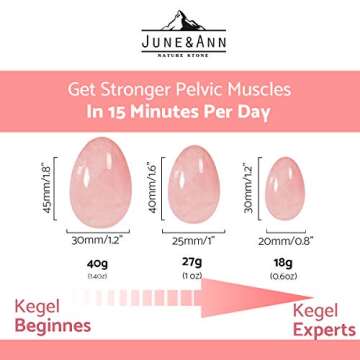 Rose Quartz Yoni Eggs, June&Ann Set of 3 Drilled Natural Chakra Healing Yoga Exercise Eggs with String Massage Stones Ben Wa Ball for Women to Train Pelvic Muscles Kegel Exercise