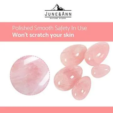 Rose Quartz Yoni Eggs, June&Ann Set of 3 Drilled Natural Chakra Healing Yoga Exercise Eggs with String Massage Stones Ben Wa Ball for Women to Train Pelvic Muscles Kegel Exercise