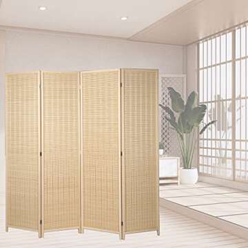 Risapor 4 Panel Bamboo Room Divider Foldable Free Standing Privacy Screen Handmade 6ft High Wood Scr...