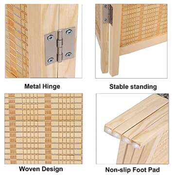 Risapor 4 Panel Bamboo Room Divider Foldable Free Standing Privacy Screen Handmade 6ft High Wood Screen for Living Room Office Study Natural