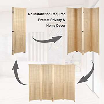 Risapor 4 Panel Bamboo Room Divider Foldable Free Standing Privacy Screen Handmade 6ft High Wood Screen for Living Room Office Study Natural