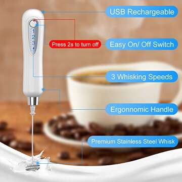 EZCO Milk Frother Rechargeable, 3 Speeds Handheld Electric Milk Foam Mixer Maker Blender with Double...