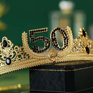 TITIKADI Gold Crown and Sash for 50TH Birthday King, Metal Birthday Party Decoration for Men