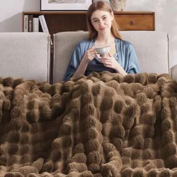 Anysay Heated Blanket Throw with 6 Hours Auto-Off 10 Heat Level, 90'' * 100'' Cozy Faux Rabbit Fur Bubble Electric Blanket with Overheat Protection, Dual Control Soft Heating Blanket (Brown)
