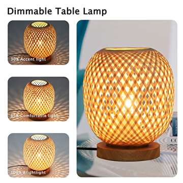 Capslpad Dimmable Rattan Table Lamp Bamboo Woven Handmade Boho Beside Lamp,Small Wicker Desktop Nightstand Lamp Accent Lamp for Kids Living Room,Bedroom,Dorm Decor