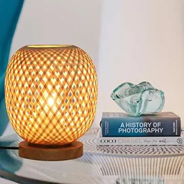Capslpad Dimmable Rattan Table Lamp Bamboo Woven Handmade Boho Beside Lamp,Small Wicker Desktop Nightstand Lamp Accent Lamp for Kids Living Room,Bedroom,Dorm Decor