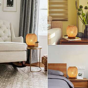 Capslpad Dimmable Rattan Table Lamp Bamboo Woven Handmade Boho Beside Lamp,Small Wicker Desktop Nightstand Lamp Accent Lamp for Kids Living Room,Bedroom,Dorm Decor