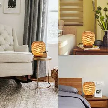 Capslpad Dimmable Rattan Table Lamp Bamboo Woven Handmade Boho Beside Lamp,Small Wicker Desktop Nightstand Lamp Accent Lamp for Kids Living Room,Bedroom,Dorm Decor