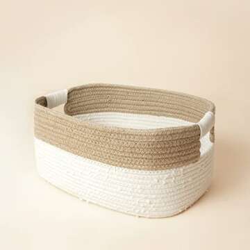 LA JOLIE MUSE Rectangle Storage Baskets Set of 2, Natural Soft Cotton and Jute Rope Baskets for Baby Nursery Kids Toys, Decorative Baskets for Organizing