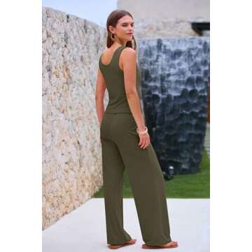 PRETTYGARDEN Womens Summer Casual Two Piece Outfits Sweatsuits Tank Scoop Neck Ribbed Knit Long Pant...