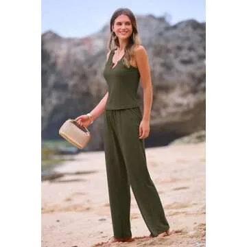 PRETTYGARDEN Womens Summer Casual Two Piece Outfits Sweatsuits Tank Scoop Neck Ribbed Knit Long Pants Tracksuits(Army Green, X-Large)