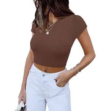 REORIA Women's Summer Cute Short Sleeve High Neck Double Lined Tight Casual Basic T Shirts Yoga Crop Tops Tees Coffee Small