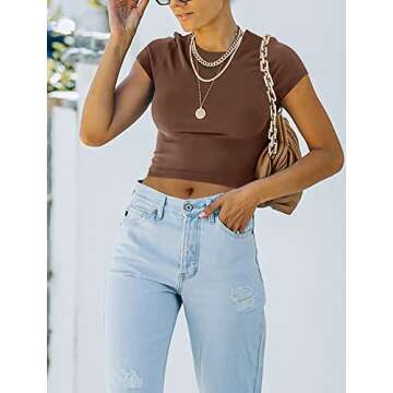 REORIA Women's Summer Cute Short Sleeve High Neck Double Lined Tight Casual Basic T Shirts Yoga Crop Tops Tees Coffee Small