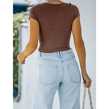 REORIA Cute Short Sleeve Crop Top Yoga Tee for Women