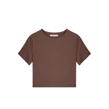 REORIA Women's Summer Cute Short Sleeve High Neck Double Lined Tight Casual Basic T Shirts Yoga Crop Tops Tees Coffee Small