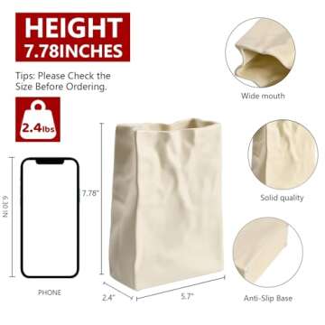 Relexome Paper Bag Vase Crinkle Wide Ceramic Flower Vase Cream White Boho Wabi-Sabi Vases, Cute Home...