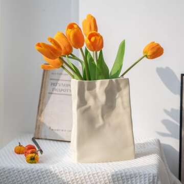 Relexome Paper Bag Vase Crinkle Wide Ceramic Flower Vase Cream White Boho Wabi-Sabi Vases, Cute Home Office Living Room Decor Aesthetic Unique Bookshelf Decorative, Bouquet Gifts for Women Girl 8 Inch