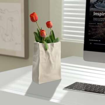 Relexome Paper Bag Vase Crinkle Wide Ceramic Flower Vase Cream White Boho Wabi-Sabi Vases, Cute Home Office Living Room Decor Aesthetic Unique Bookshelf Decorative, Bouquet Gifts for Women Girl 8 Inch