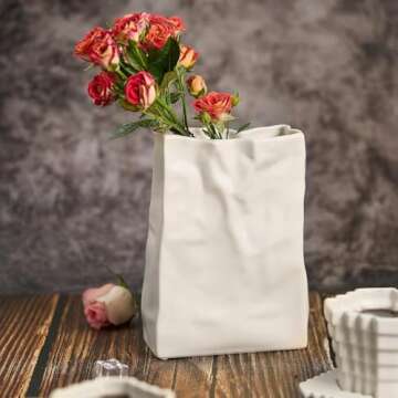 Relexome Paper Bag Vase Crinkle Wide Ceramic Flower Vase Cream White Boho Wabi-Sabi Vases, Cute Home Office Living Room Decor Aesthetic Unique Bookshelf Decorative, Bouquet Gifts for Women Girl 8 Inch