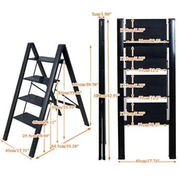 BAOYOUNI 4 Step Ladder Lightweight Folding Aluminum Step Stool Heavy Duty Stepladders 298lbs with Anti-Slip Wide Pedal for Household, Office, Garage, Garden, Painting - Black