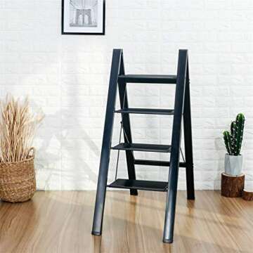BAOYOUNI 4 Step Ladder Lightweight Folding Aluminum Step Stool Heavy Duty Stepladders 298lbs with Anti-Slip Wide Pedal for Household, Office, Garage, Garden, Painting - Black