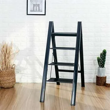 BAOYOUNI 4 Step Ladder Lightweight Folding Aluminum Step Stool Heavy Duty Stepladders 298lbs with Anti-Slip Wide Pedal for Household, Office, Garage, Garden, Painting - Black