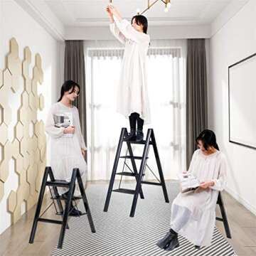 BAOYOUNI 4 Step Ladder Lightweight Folding Aluminum Step Stool Heavy Duty Stepladders 298lbs with Anti-Slip Wide Pedal for Household, Office, Garage, Garden, Painting - Black