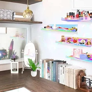 DILIBRA 4 Packs Iridescent Acrylic Floating Shelves, 15.7 Inch Clear Acrylic Display Shelf Wall Mounted, Invisible Set up for Funko Pop Display Shelves Wall Ledge Bookshelf for Kids Room Bathroom Dorm