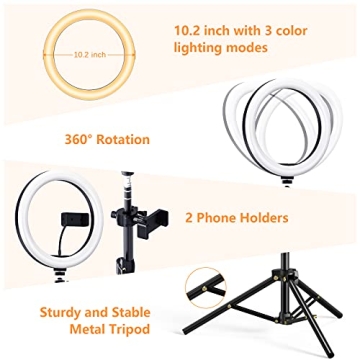 ANBES 10.2" Dimmable Ring Light with Tripod for Creators