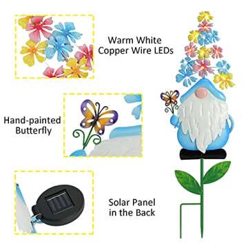 Metal Gnome Garden Stake Decor, 23” Garden Gnomes Decoration with 13 LEDs Flowers for Outdoor Yard Patio Decorative (Blue)