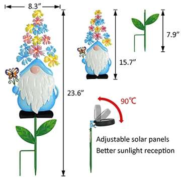 Metal Gnome Garden Stake Decor, 23” Garden Gnomes Decoration with 13 LEDs Flowers for Outdoor Yard Patio Decorative (Blue)