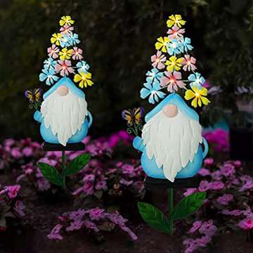 Metal Gnome Garden Stake Decor, 23” Garden Gnomes Decoration with 13 LEDs Flowers for Outdoor Yard Patio Decorative (Blue)