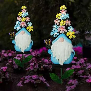 Metal Gnome Garden Stake Decor, 23” Garden Gnomes Decoration with 13 LEDs Flowers for Outdoor Yard Patio Decorative (Blue)