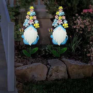 Metal Gnome Garden Stake Decor, 23” Garden Gnomes Decoration with 13 LEDs Flowers for Outdoor Yard Patio Decorative (Blue)