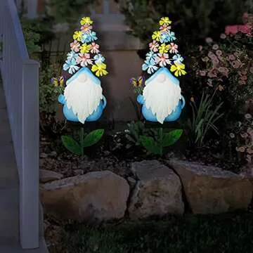 Metal Gnome Garden Stake Decor, 23” Garden Gnomes Decoration with 13 LEDs Flowers for Outdoor Yard Patio Decorative (Blue)