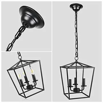 Unicozin Vintage Lantern Pendant Light, 3-Lights Lantern Chandelier for Dining Room Bar Cafe, E12 Base, Black (Bulbs Not Included)