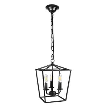 Unicozin Vintage Lantern Pendant Light, 3-Lights Lantern Chandelier for Dining Room Bar Cafe, E12 Base, Black (Bulbs Not Included)