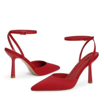 QIY Red Heels for Women Pumps Closed Pointed Toe Slingback Kitten Pointy Heels Heeled Sandals Ankle Strap Strappy High Heels Wedding Dress Shoes Size 7.5