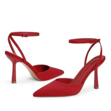 QIY Red Heels for Women Pumps Closed Pointed Toe Slingback Kitten Pointy Heels Heeled Sandals Ankle Strap Strappy High Heels Wedding Dress Shoes Size 7.5